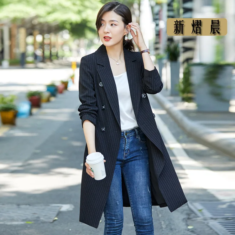 

Trench Coat Women's Mid-length 2019 Early Autumn New Style Elegant Suit Collar Wear Stripes Fashion Formal Wear Long-sleeved Coa