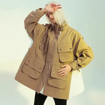 

XAXZXY Pocket Color Block Super Loose Cloak Bat Sleeve Jacket Clothes High Collar Full Sleeve Patchwork Pocket Khaki Jacket