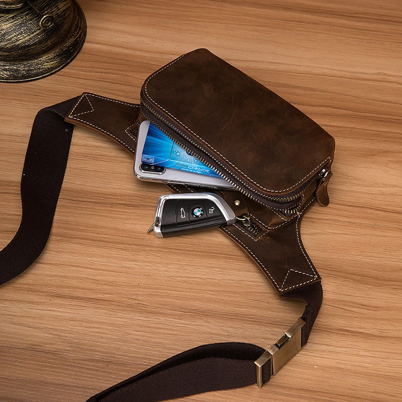 Hot Sale Crazy Horse Leather men Retro Travel Fanny Waist Belt Chest Pack Sling Bag Design Bum Phone Cigarette Case Male 1353
