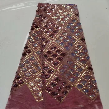 

Sequins French Tulle Lace Fabric 2021 pink/gold High Quality African velvet Lace Fabric Latest Lace Material For Evening Party