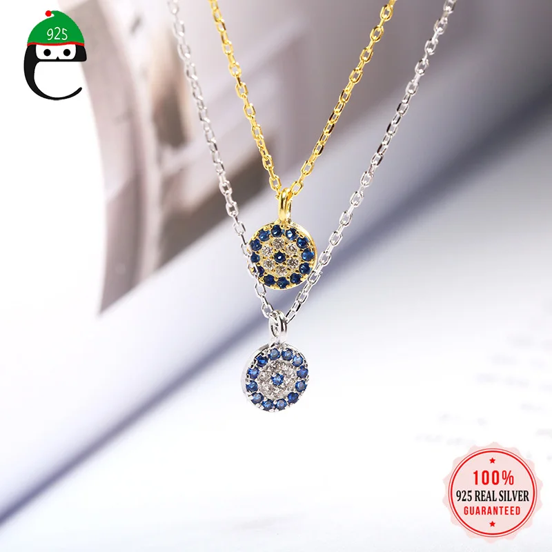 

ElfoPlataSi Genuine 925 Sterling Silver Necklace Turkey Round Evil Eye Dazzling CZ Necklaces For Women Sterling Silver Jewelry