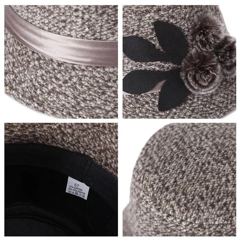 Женская зимняя шляпа-котелок Fedora Bucket Cloche, круглая Кепка 1920 s, Ретро стиль, верблюжий цветок, Модная элегантная женская теплая шапка