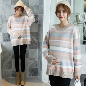 

Explosion maternity clothes autumn and winter new fashion loose comfortable color striped sweater + thin velvet base pants suit