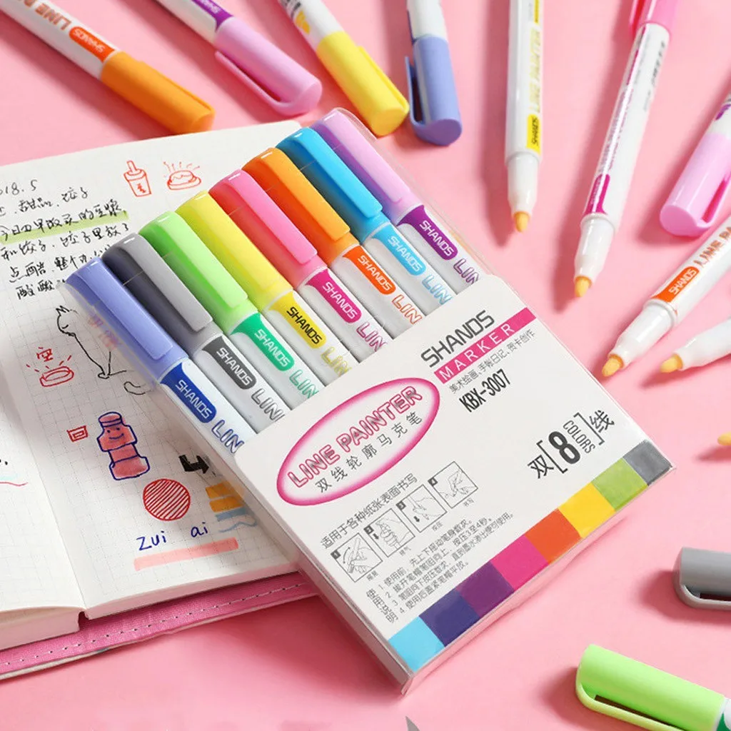 Drawing Double Line Outline Pen Highlighter Marker 8 Colors for School | Канцтовары для офиса и дома