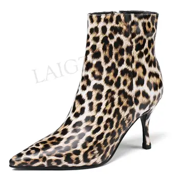 

LAIGZEM FASHION Women Booties Genuine Patent Leather Kitten Heels Winter Boots Leopard Ladies Shoes Woman Botas Mujer Size 34 39