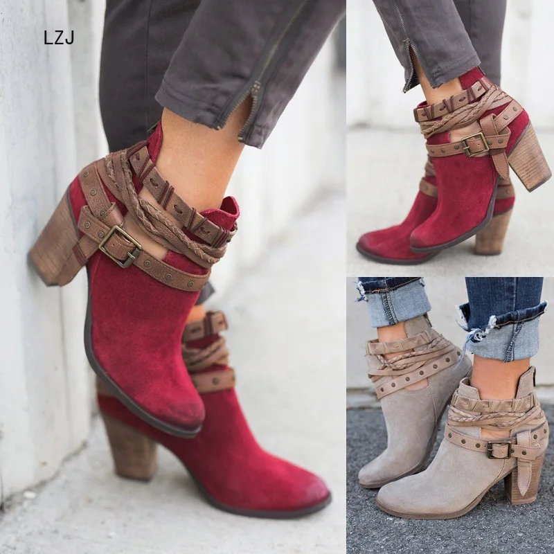 

LZJ 2019 Winter Shoes Women Ankle Buckle Back Zipper Boots Women Flock Square Heels Fashion Martin Boots All Match High 8cm