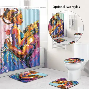 

4pcs/set 180cm Shower Curtain Pedestal Rug Lid Toilet Cover Mat Anti-slip Bath Mat Set Bathroom Curtains with 12 Hooks Art Decor