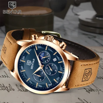 

BENYAR New Fashion Mens Watches Top Brand Luxury Big Dial Military Quartz Watch Leather Waterproof Sport Chronograph Watch Men