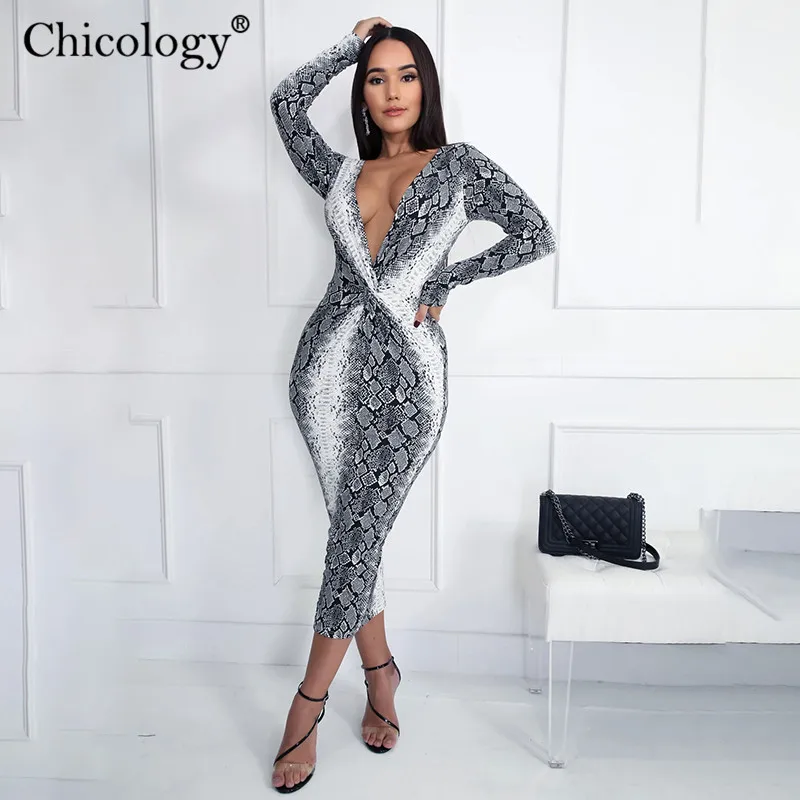Chicology Змеиный принтом принт v образным вырезом миди платье платья поатье женское