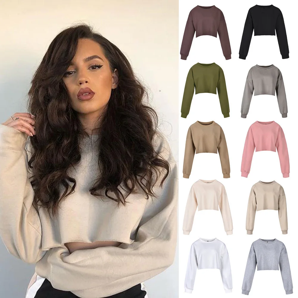 

2020 fall/winter Europe and America new solid color belly button short long sleeve fleece pullover bottoming shirt