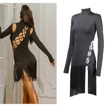 

simple Sexy Latin dance dress pole dance training clothes Female salsa dance costumes tassel dress with underpants jazz dress