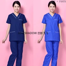 Размер Plug, S-4XL, скраб, набор для женщин, цвет, блокирующий, хлопок, v-образный вырез, рубашка с боковым шлицем и прямые брюки, медицинская форма