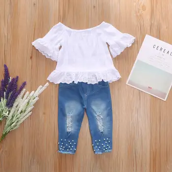 

Children Clothes Summer Baby Girls Clothes Set Word Collar Top+Denim Pants Tracksuit Suit Kids Toddler Girl Outfits Clothes 2020