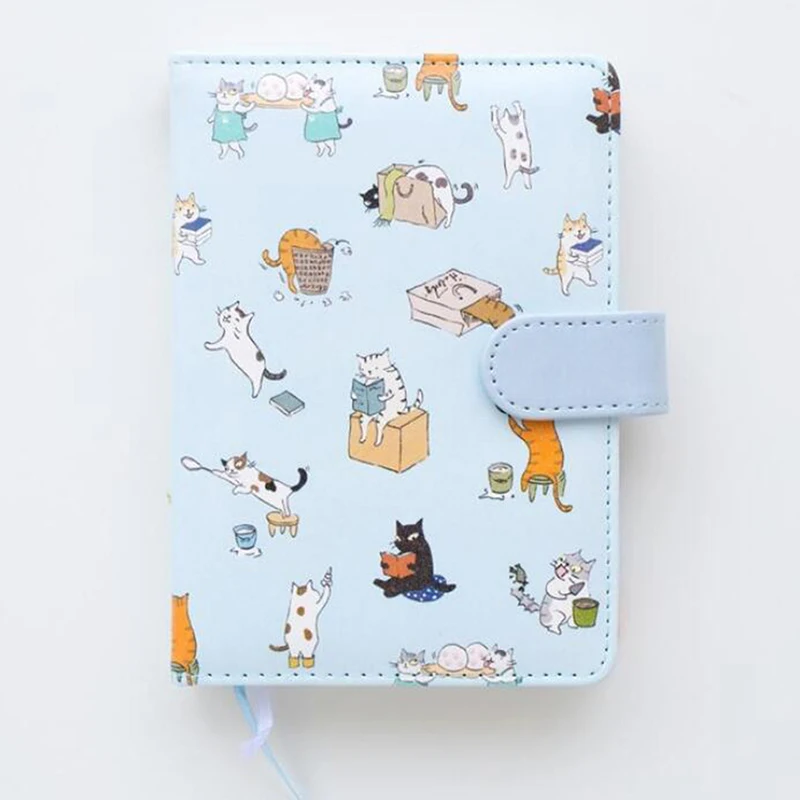 New Cute Cat Notebook Stationery Leather Cover Kids Notebook With Color Paper Binder Diary Gift - Цвет: blue