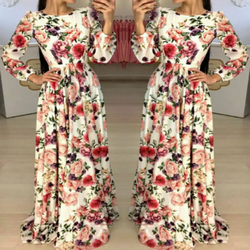 2019 Women's Boho Floral Long Dress Ladies Evening Party Beach Dresses Autumn Spring Sundress Vestito Lungo Females Hot Dress