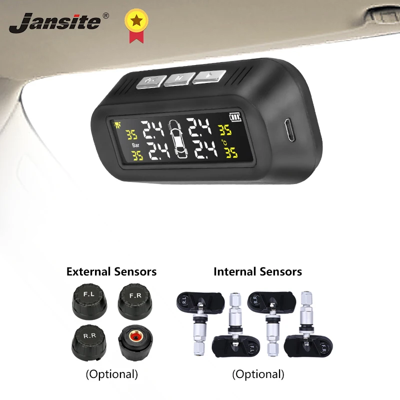 

Jansite Solar TPMS Car Tire Pressure Alarm Monitor System Display Attached to glass tpms Temperature Warning with 4 sensors BAR