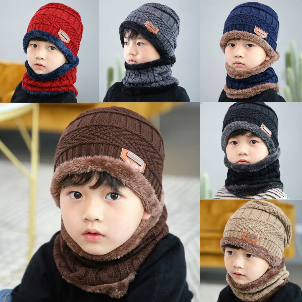 

Newborn Baby Hat Scarf Fleece Contrast Colors Knitted Hat+Scarf Two Piece Set Winter Hat For Kids Warm Children Beanie Cap