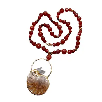 

Natural White Quartzs Point Snail Pendant necklace Red agate Chain Necklace 30"