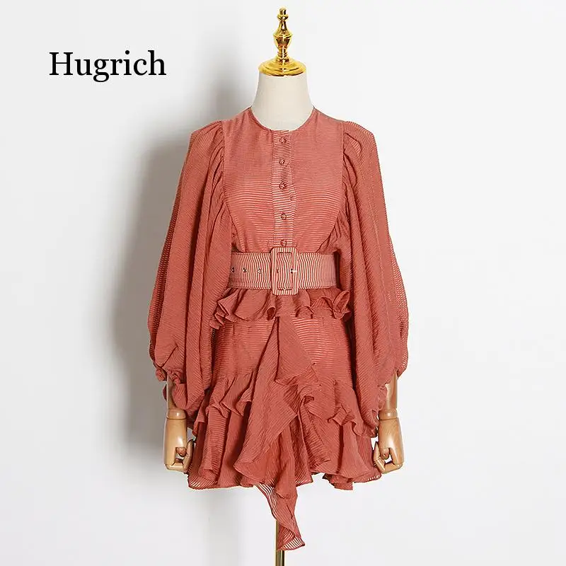 

Ruffles Women o Neck Lantern Long Sleeve High Waist with Sashes Dress Female Fashion Tide