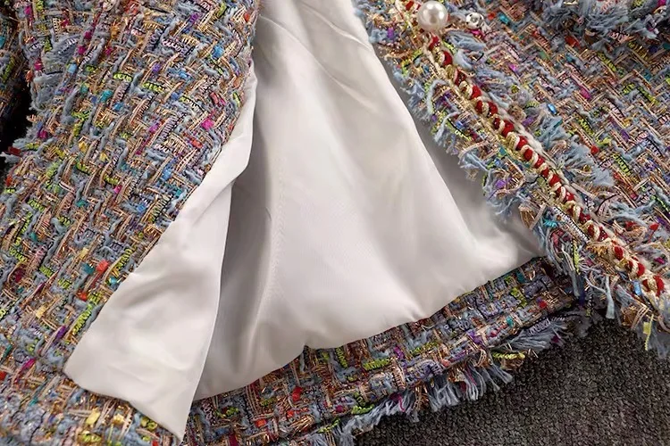 Promo Small fragrance Women Colorful Blue Pink Tweed Jacket Coat Autumn Winter V-neck Long Sleeve Pearls