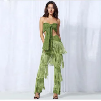 

2020 summer, Europe and the United States high-end multi-method strapless Tassel Top plus long pants two-piece beach vacation co