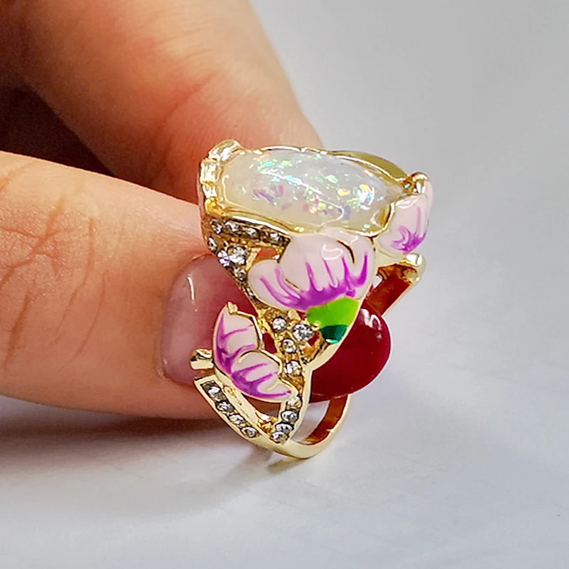 Винтажное женское кольцо с цветочным лунным камнем, романтическое изысканное богемное модное ювелирное изделие ручной работы Q4P746 - Цвет основного камня: Многоцветный