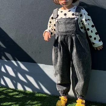 

baby girl jumpsuit 2020 Korean Children Clothing New Boys and Girls Korean Fashion Washed Denim Big Pocket Casual Suspenders
