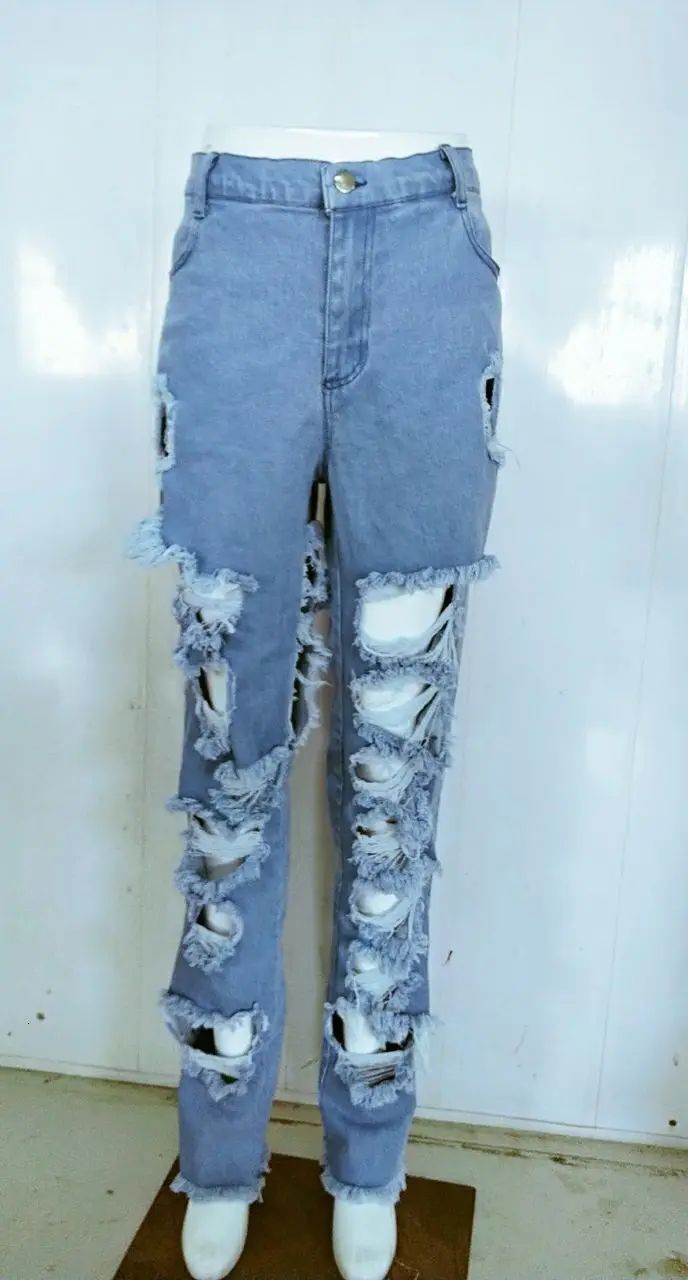 Женские сексуальные джинсы с высокой талией и дырками, летние одноцветные прямые брюки, свободные женские длинные брюки