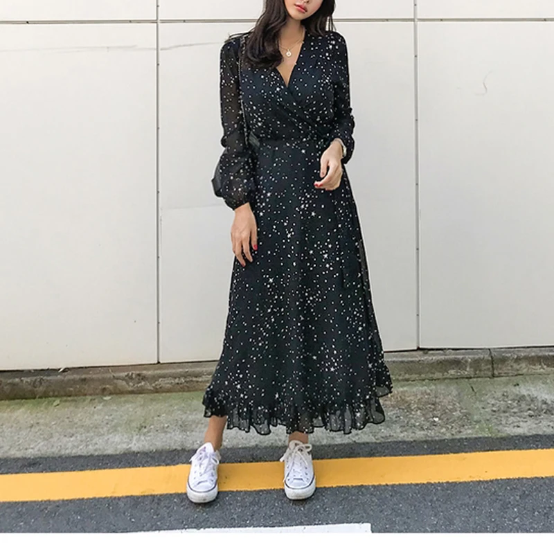 

Elegant Ruffles Chiffon Women Long Dress Star Print Autumn Sexy V-neck Sashes Maxi Dress Evening Party Female Dress Vestidos
