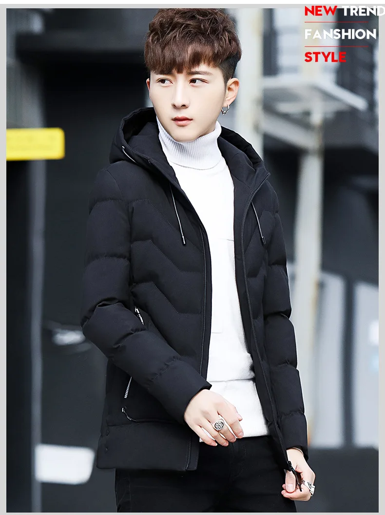 Winter MEN'S Wear Long Sleeve Hooded Solid Color Badge Cotton-padded Clothes Fashion Teenager Korean-style Slim Fit Men Thick Co