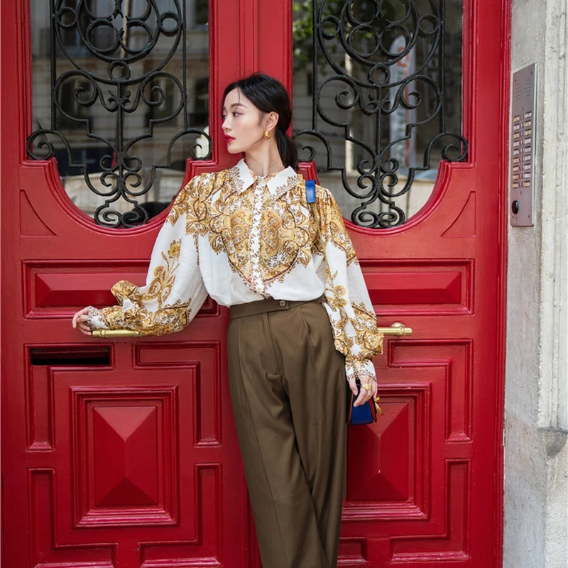 GALCAUR/Винтажные женские блузки с отворотом, с воротником, фонариком, с длинным рукавом, элегантные, популярные цвета, женская рубашка, модная одежда