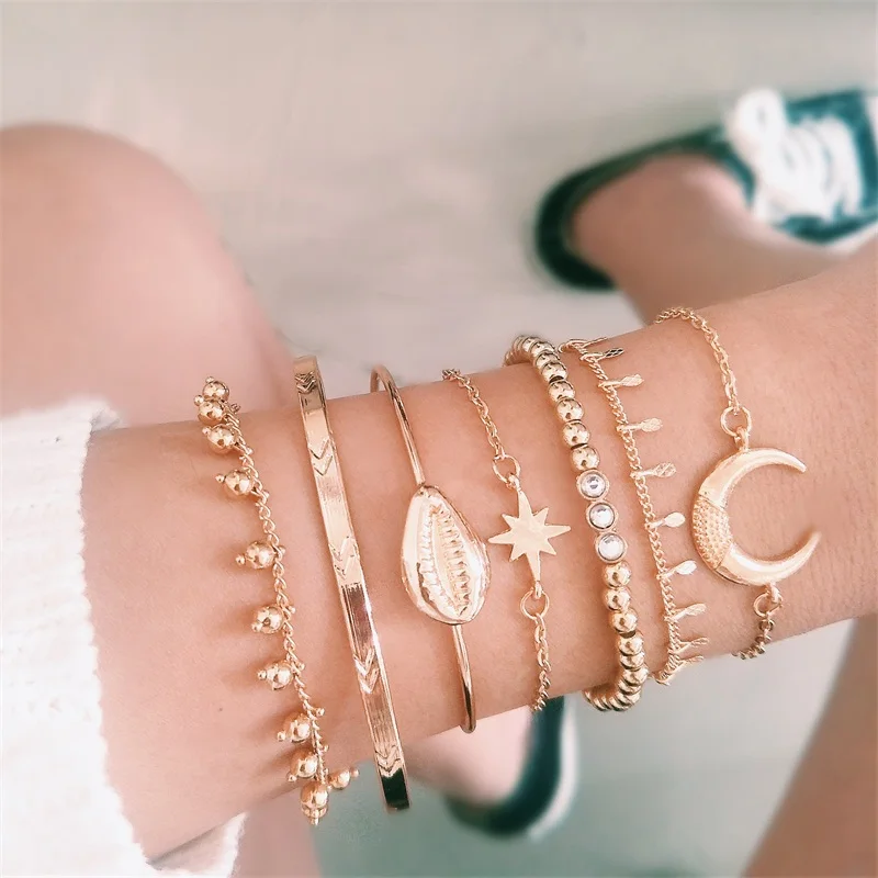 7 шт./компл. Boho Shell браслет набор для женщин Золотая Звезда Луна ананас бисера цепь Драгоценный Камень Открытый браслет модные вечерние ювелирные изделия аксессуары