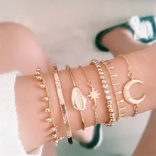 7 шт./компл. Boho Shell браслет набор для женщин Золотая Звезда Луна ананас бисера цепь Драгоценный Камень Открытый браслет модные вечерние ювелирные изделия аксессуары