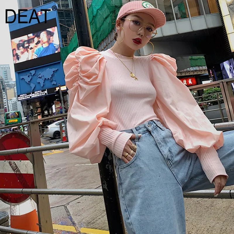 

DEAT Leisure Vogue Puff Sleeve Pullover O Neck Women Patchwork Pleated Slim Solid Knitting Sweater 2019 Autumn Winter New TD679