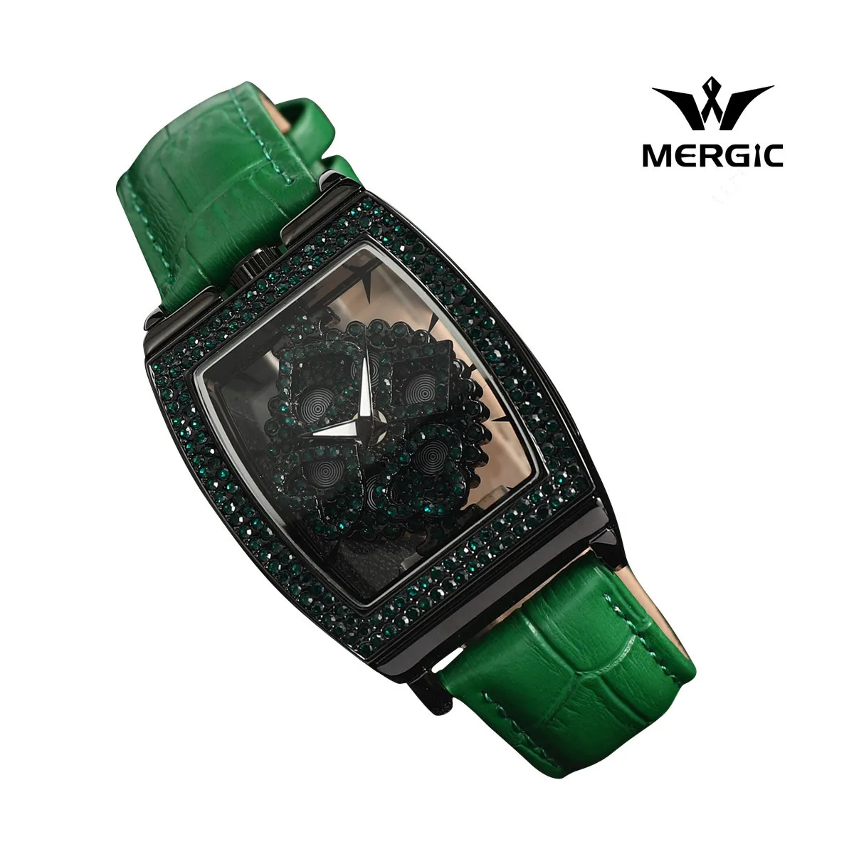 

Girls' watch barrel green purple import movement genuine leather strap transparent bottom cover wholesale