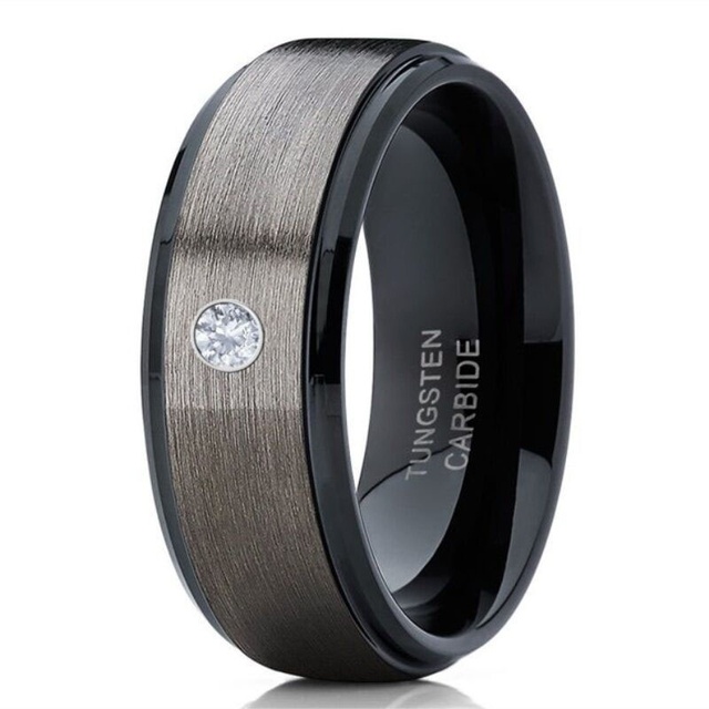 Men's Fashion Black Tungsten Carbide Ring Gold Plated Grooved Line AAA Cubic Zirconia Wedding Band 8mm Men's Jewelry