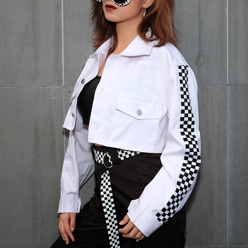 Most effective  Rockmore White Long Sleeve Plaid Jacket Women Checkered Crop Jackets Basic Button Pocket Turn-down 