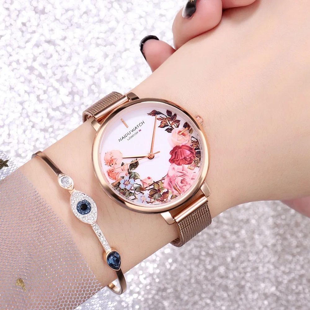 Модные женские часы из нержавеющей стали, женские наручные часы с цветами, роскошные женские часы-браслет для женщин, женские часы