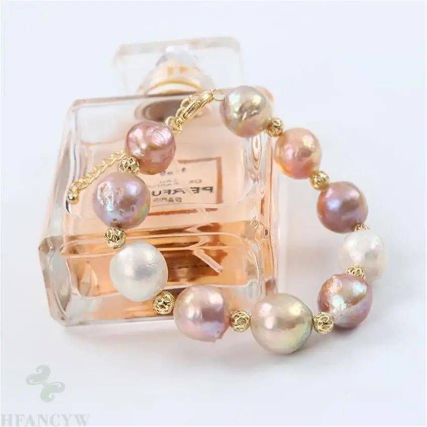 

11-13MM Natural Colorful Baroque pearl bracelet 18K gold chain Women Luxury party gorgeous delicate aurora elegant jewelry