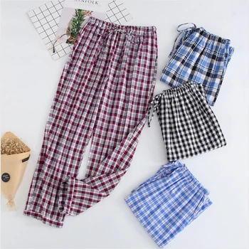 

Spring Men'S Woven Cotton Plaid Home Pants Old Denim Pajamas Loose Summer Air-Conditioned Room Casual Wear Trousers Пижам