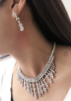 

AAA Cubic Zircon Cz Leaf Women Necklace Earring Set Wedding Accessories Party Jewelry