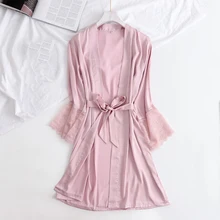 Атласный рукав с кружевом молодой женский халат пижамы v-образный вырез мягкое сексуальное домашнее одевание ночная рубашка Новые летние пижамы интимное нижнее белье