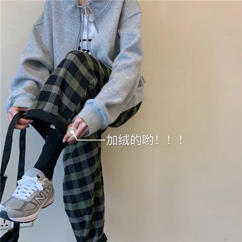 Клетчатые женские штаны Harajuku, спортивные штаны, корейский стиль, Утепленные зимние брюки, женская уличная одежда, Осенние студенческие популярные новые тренды