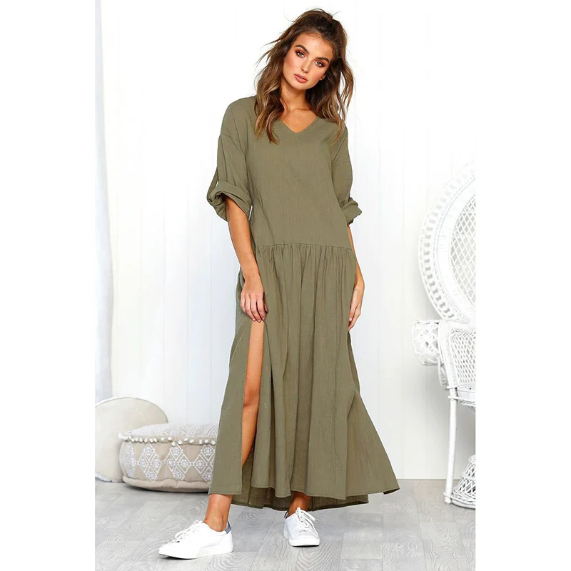

Women Bohemian Style Dress Cotton Linen V-Neck Pleated Split Loose Waist Long-Sleeved Round Neck Casual Solid Color Dresses