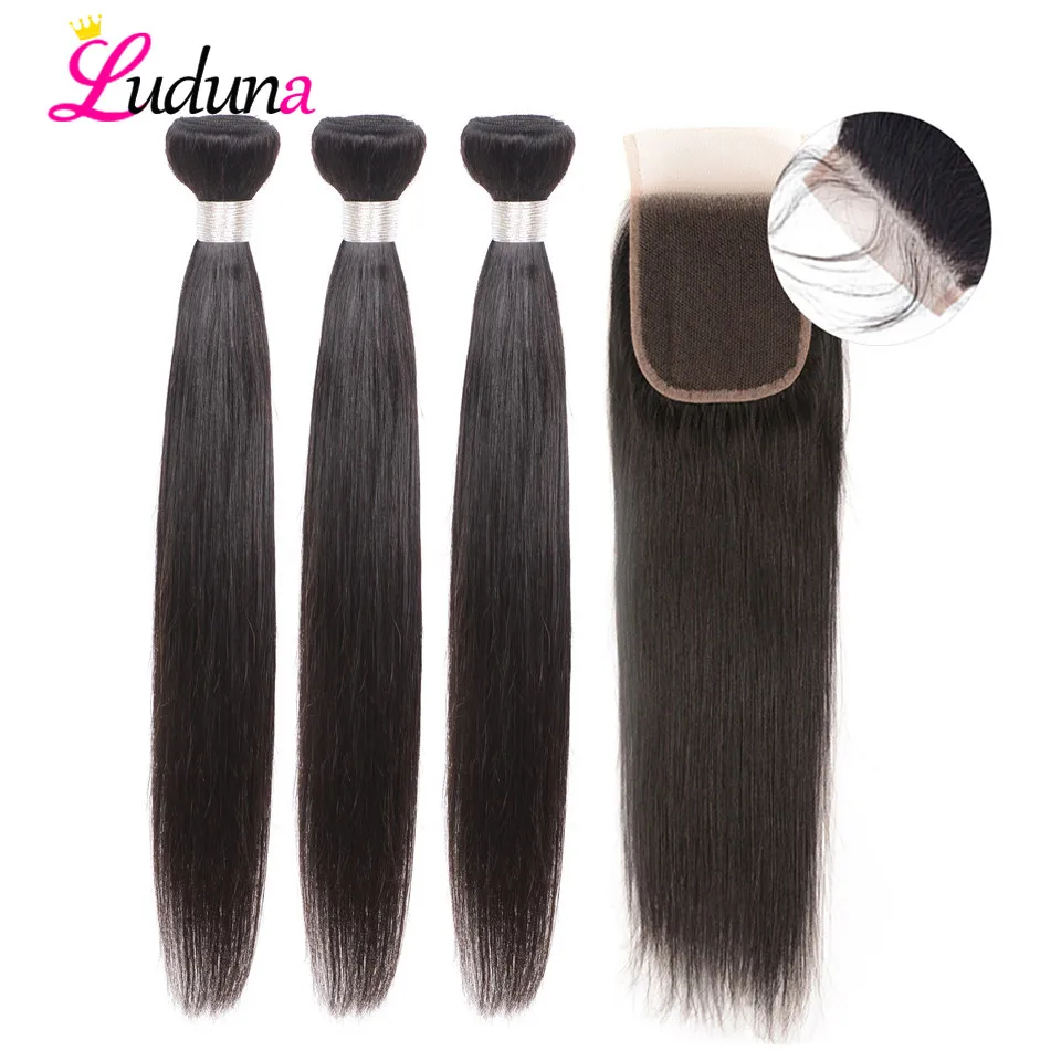 

Luduna Peruvian Straight Hair Bundles With Closure 3 Bundles With Closure 4*4 Remy Human Hair Bundles With Closure Double Drawn