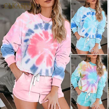 

Tie Dye Printed Casual Shorts and Top Set Fashion Loose Tracksuits Womens Harajuku 2 Pieces Outfits Summer Streetwear