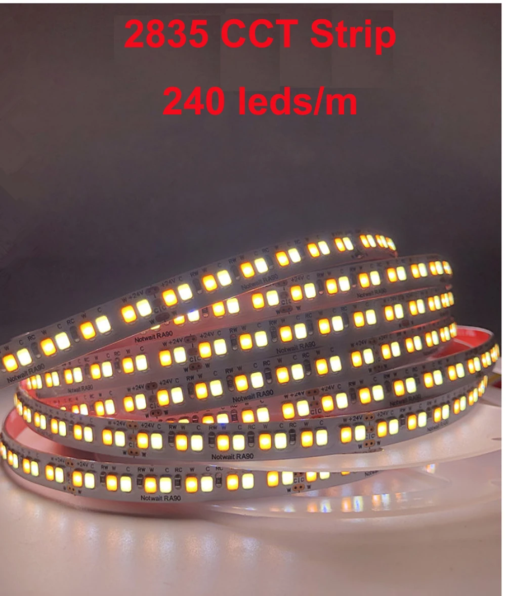

5M Dual Color CRI 90 2835 CCT Dimmable LED Strip DC24v 240 led/m Temperature Adjustable Flexible LED Tape Mirror Home Light