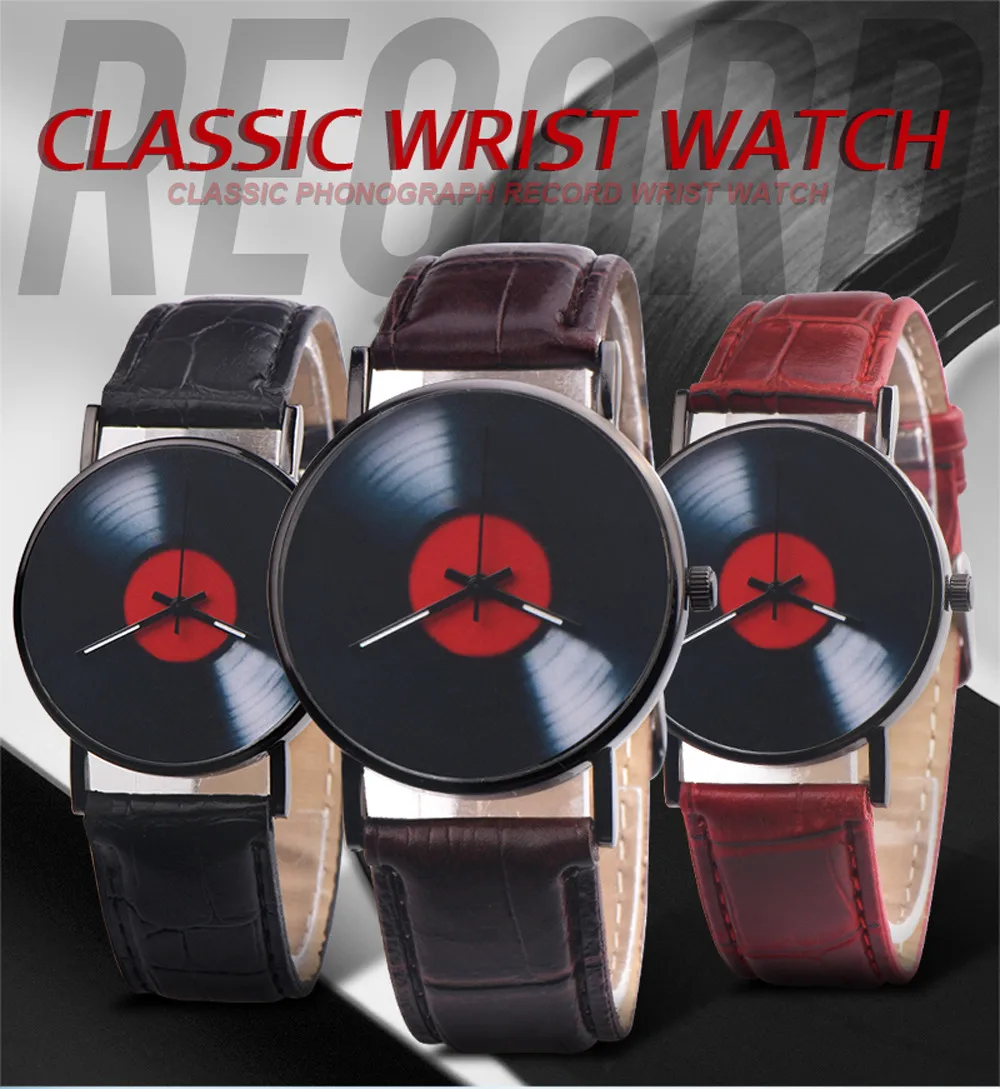Fashion Couple Watch Casual Vintage Vinyl Record Grain Leather Strap Analog Alloy Business Dress Hot Sale Quartz Watch часы 03
