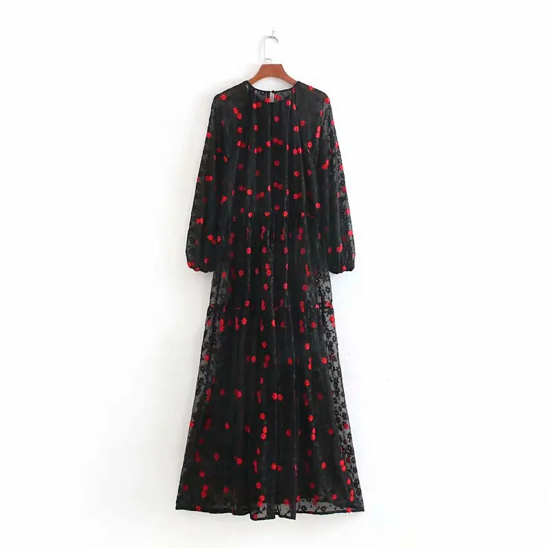 Kiyumi/рождественское платье, Сетчатое платье с цветочной вышивкой, осень, длинный рукав, круглый вырез, Vestidos, женское платье средней длины, вечерние платья