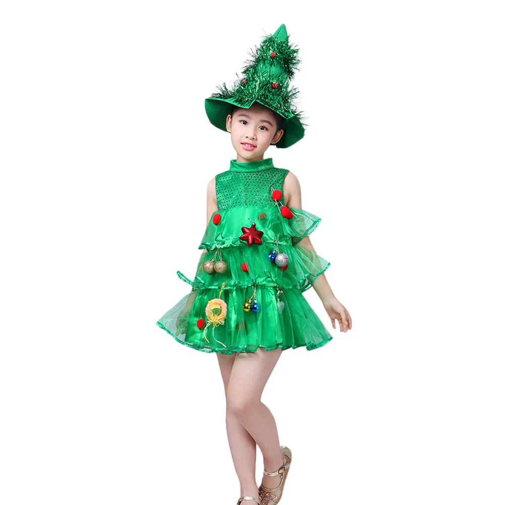 Для маленьких девочек зеленое дерево шапка, платье костюм для участия в рождественском представлении Платья вечерние наряды Пурим эльф Косплэй одежда на Хэллоуин